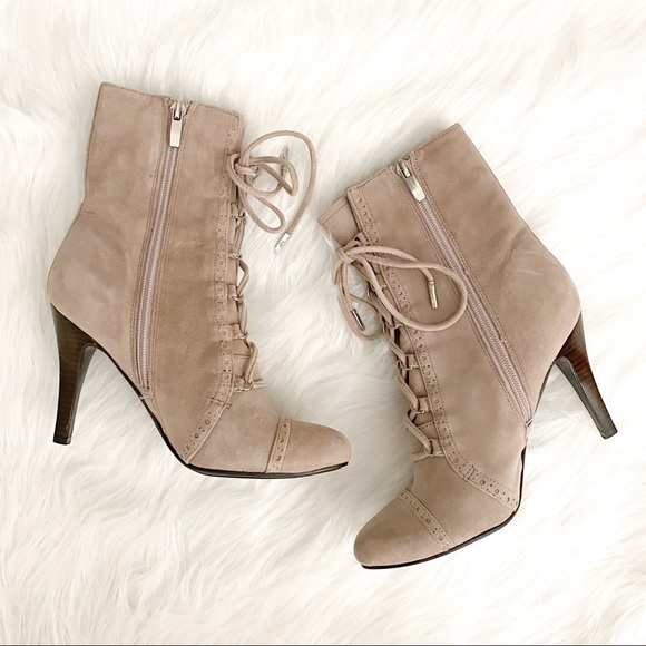 Marc Fisher Shoes - MARC FISHER Taupe Lace Up Ankle Heeled Boots 6